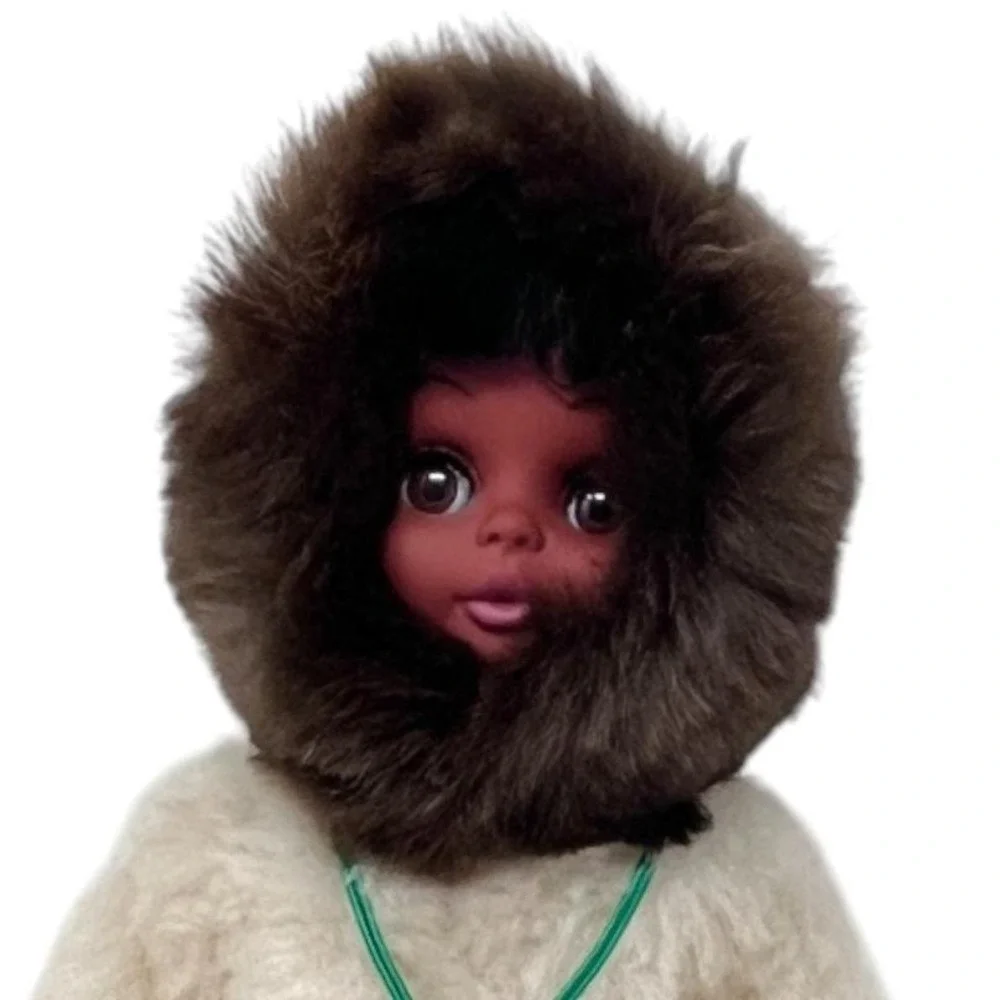 Vintage Handmade Inuit Eskimo Native American Girl Doll Canada Faux Fur Souvenir